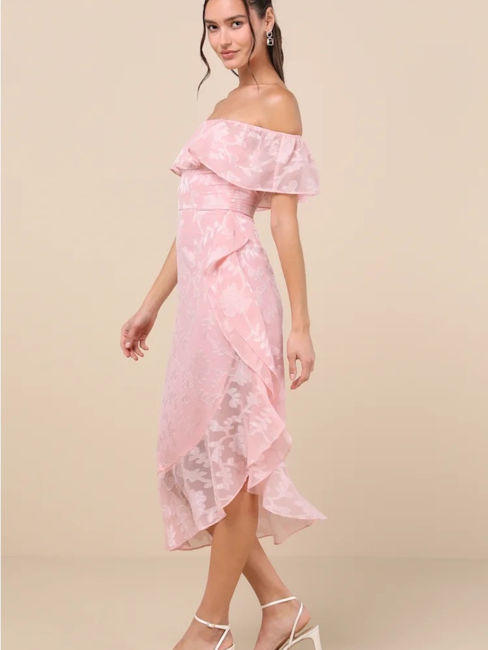 NWT Sz M Lulus Pretty Perfect Blush Burnout Floral Off-the-Shoulder Midi Dress - Picture 2 of 14